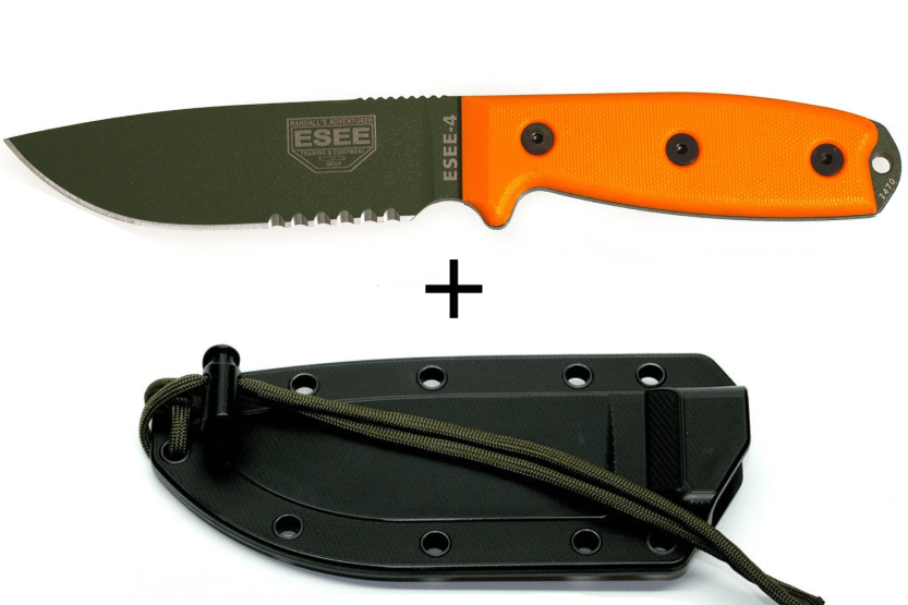 Messer Esee 4 ESEE-4S-OD halbverzahnte Klinge grüner Kohlenstoffstahl 11,6cm Griff G10 orange + Etui