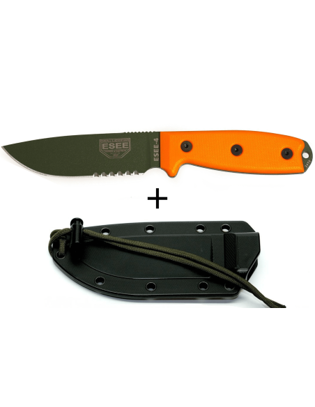 Messer Esee 4 ESEE-4S-OD halbverzahnte Klinge grüner Kohlenstoffstahl 11,6cm Griff G10 orange + Etui