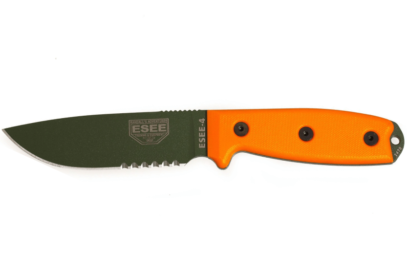 Cuchillo Esee 4 ESEE-4S-OD 11.6cm hoja semidentada acero carbono verde mango G10 naranja + funda