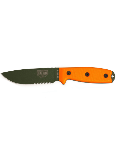 Messer Esee 4 ESEE-4S-OD halbverzahnte Klinge grüner Kohlenstoffstahl 11,6cm Griff G10 orange + Etui
