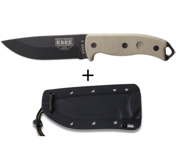 Esee 5 ESEE-5P-E mes zwart carbonstaal lemmet 13,7cm grijs micarta handvat + etui