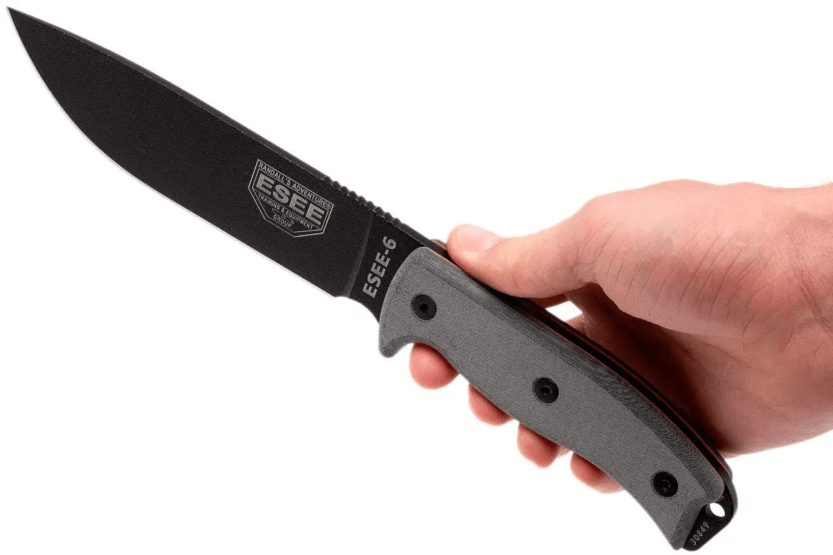 Messer Esee 6 ESEE-6P-B Klinge Kohlenstoffstahl schwarz 16,5cm Griff Micarta grau + Etui