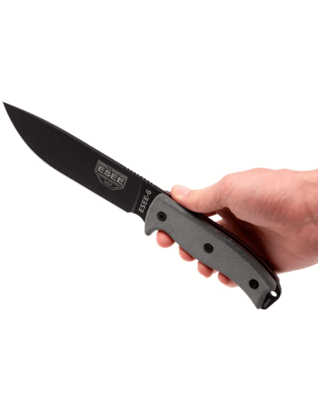 Esee 6 ESEE-6P-B kniv blad i svart kolstål 16,5cm handtag i grå micarta + fodral