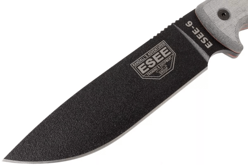 Esee 6 ESEE-6P-B kniv blad i svart kolstål 16,5cm handtag i grå micarta + fodral