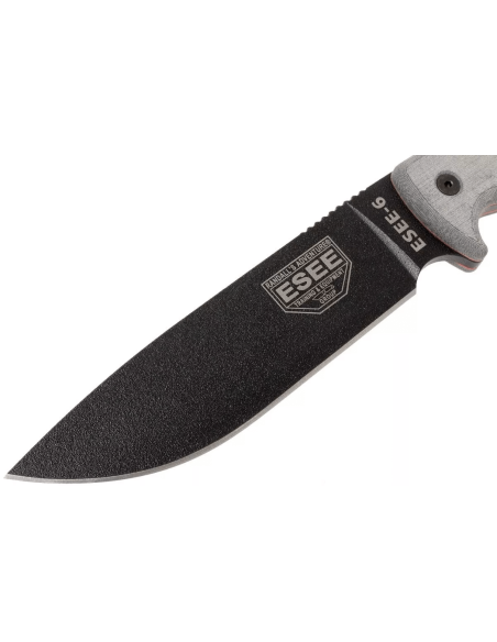 Messer Esee 6 ESEE-6P-B Klinge Kohlenstoffstahl schwarz 16,5cm Griff Micarta grau + Etui