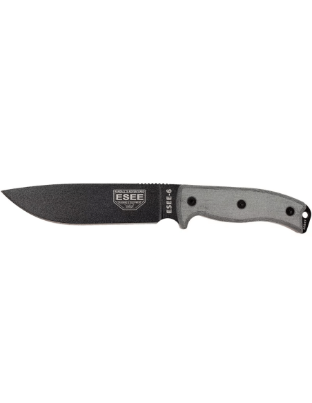 Messer Esee 6 ESEE-6P-B Klinge Kohlenstoffstahl schwarz 16,5cm Griff Micarta grau + Etui