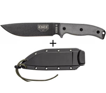 Faca Esee 6 ESEE-6P-B Lâmina de 16,5 cm em aço-carbono preto Cabo em micarta cinzento + estojo