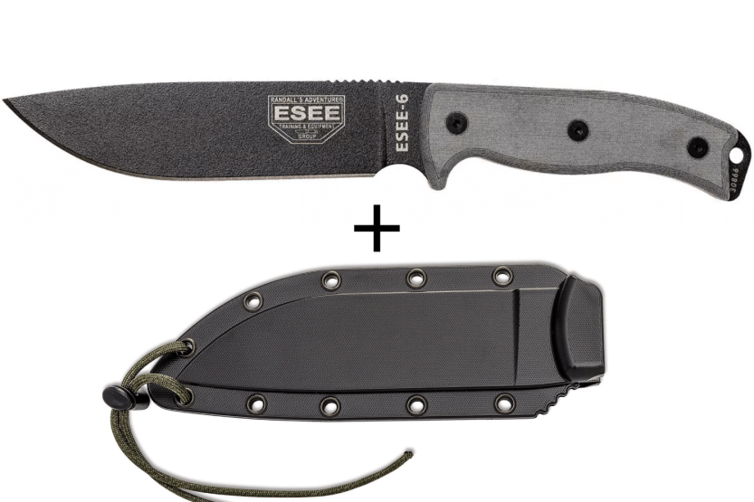 Cuchillo Esee 6 ESEE-6P-B 16.5cm hoja acero carbono negro mango micarta gris + funda