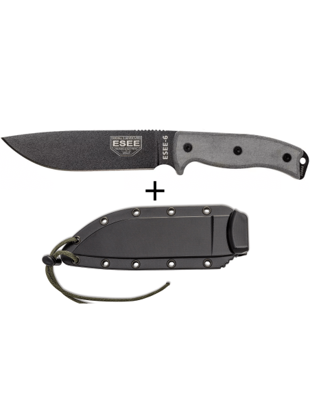 Faca Esee 6 ESEE-6P-B Lâmina de 16,5 cm em aço-carbono preto Cabo em micarta cinzento + estojo