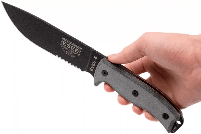 Esee 6 ESEE-6S-B kniv 16,5 cm svart karbonstål med halvsaget blad, grått micartahåndtak + slire