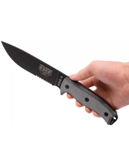Esee 6 ESEE-6S-B Messer mit halbverzahnter Klinge aus schwarzem Kohlenstoffstahl 16,5cm Griff Micarta grau + Etui