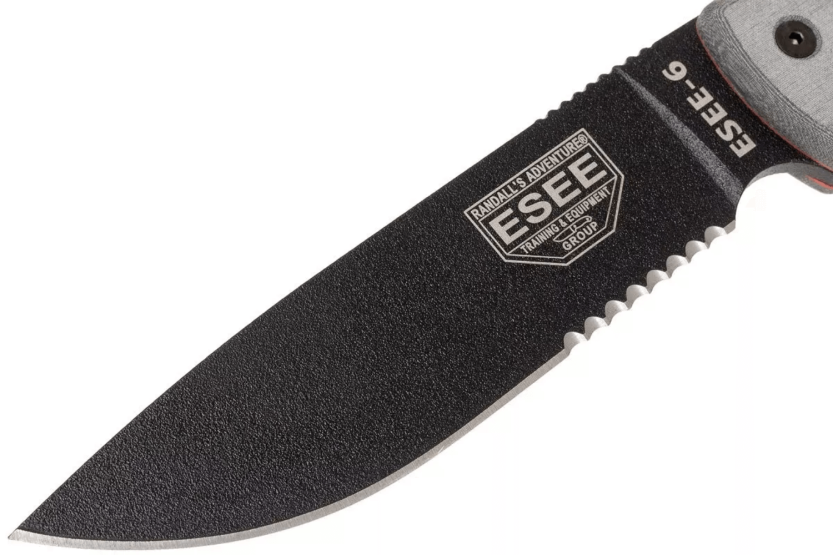Faca Esee 6 ESEE-6S-B Lâmina semi-dentada de 16,5 cm em aço-carbono preto, cabo em micarta cinzento + bainha