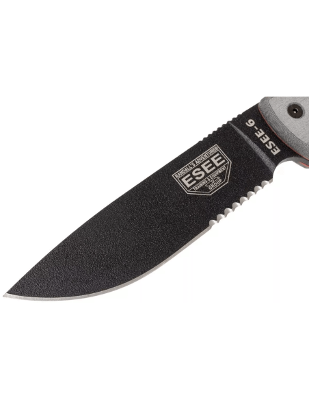 Esee 6 ESEE-6S-B kniv 16,5 cm svart karbonstål med halvsaget blad, grått micartahåndtak + slire
