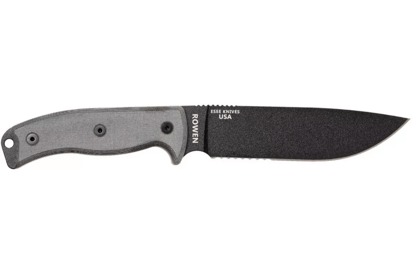 Faca Esee 6 ESEE-6S-B Lâmina semi-dentada de 16,5 cm em aço-carbono preto, cabo em micarta cinzento + bainha