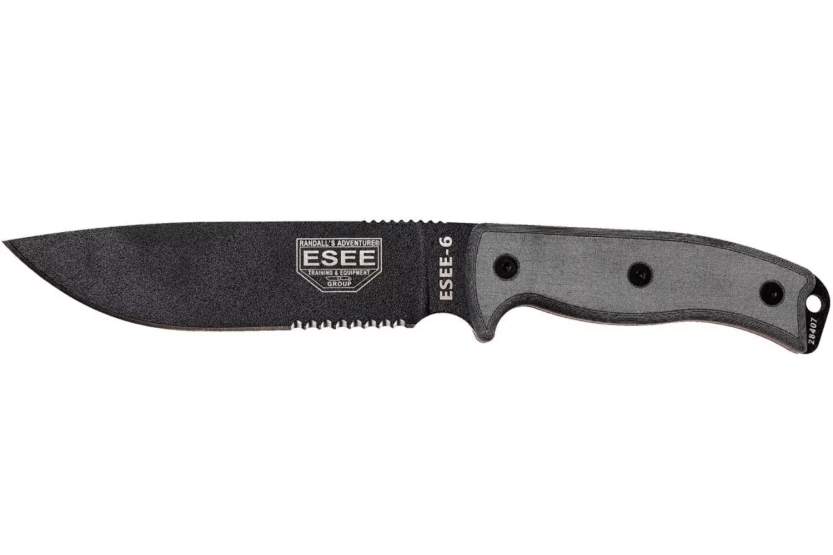 Faca Esee 6 ESEE-6S-B Lâmina semi-dentada de 16,5 cm em aço-carbono preto, cabo em micarta cinzento + bainha
