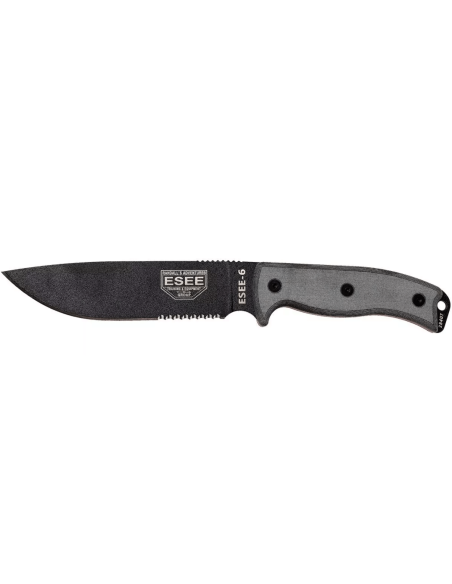 Esee 6 ESEE-6S-B Messer mit halbverzahnter Klinge aus schwarzem Kohlenstoffstahl 16,5cm Griff Micarta grau + Etui