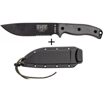 Faca Esee 6 ESEE-6S-B Lâmina semi-dentada de 16,5 cm em aço-carbono preto, cabo em micarta cinzento + bainha