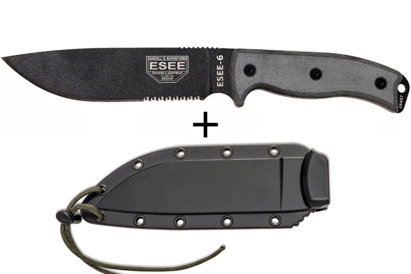 Esee 6 ESEE-6S-B mes 16,5cm zwart carbonstaal half-gekarteld lemmet grijs micarta handvat + schede
