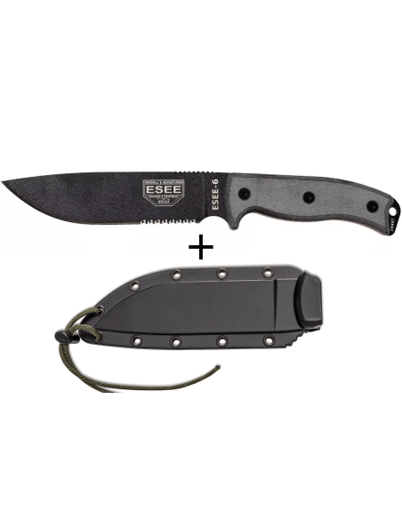 Esee 6 ESEE-6S-B kniv 16,5 cm sort kulstofstål halvtandet blad gråt micarta-håndtag + skede