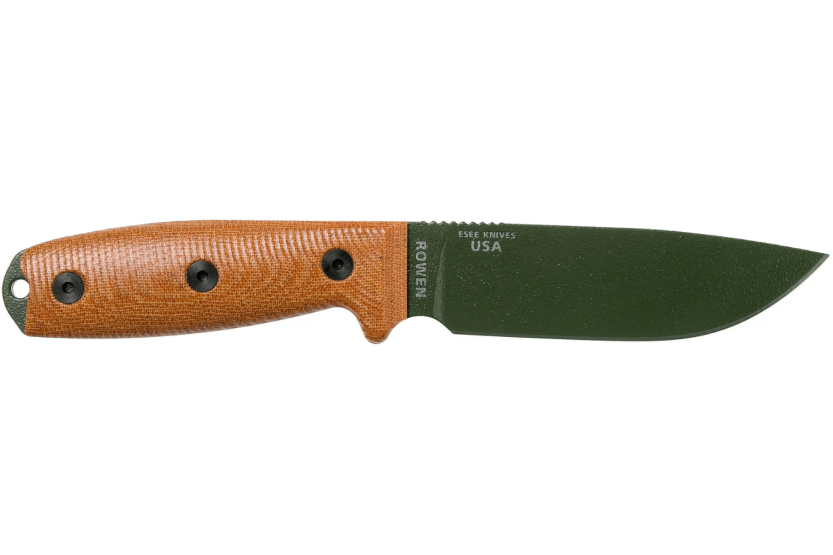 Esee 4 4POD-011 cuchillo 11.6cm hoja acero carbono verde mango micarta marrón + funda
