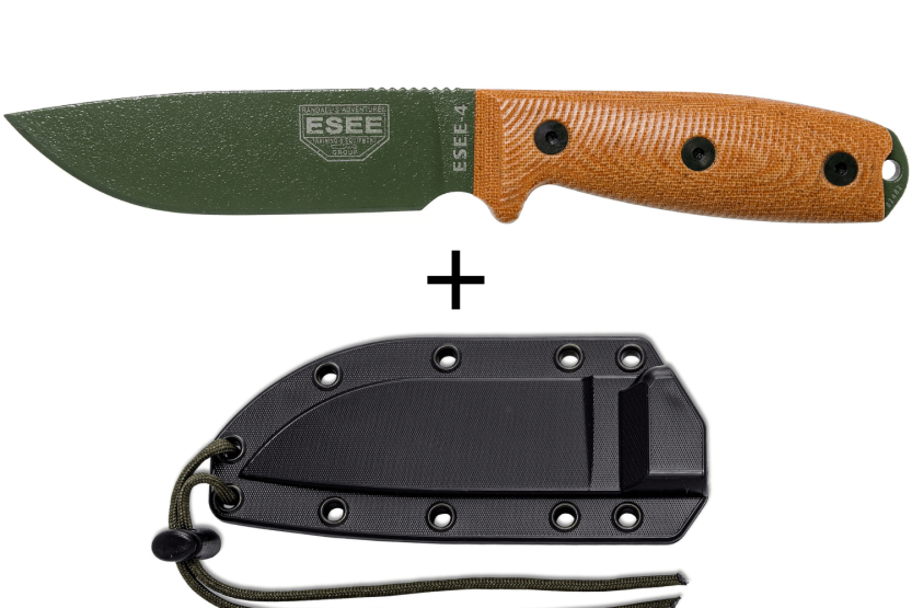 Faca Esee 4 4POD-011 Lâmina de aço-carbono verde de 11,6 cm cabo em micarta castanho + bainha