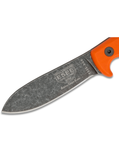Esee Ashley Game ESEE-AGK-OR knife black carbon steel blade 9,1cm orange G10 handle + leather sheath