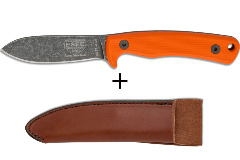 Esee Ashley Game ESEE-AGK-OR knife black carbon steel blade 9,1cm orange G10 handle + leather sheath