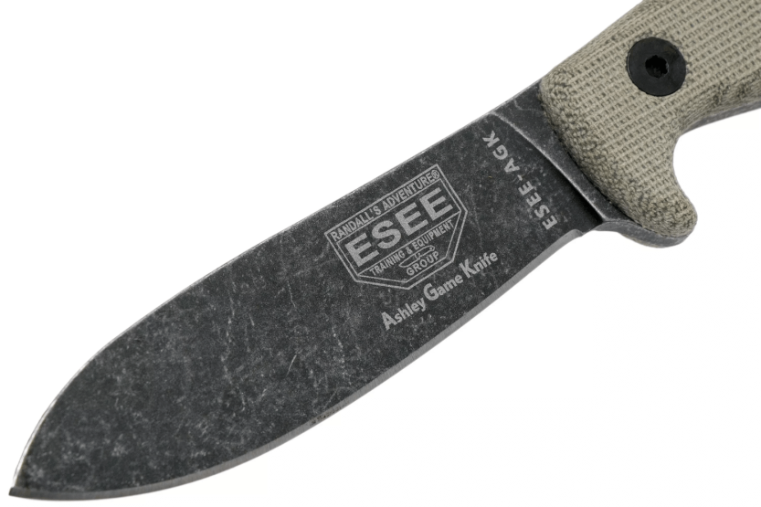 Esee Ashley Game ESEE-AGK veitsi musta hiiliteräksestä valmistettu terä 9,1cm harmaa micarta kahva + nahkatuppi