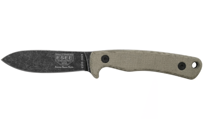 Esee Ashley Game ESEE-AGK kniv sort kulstofstålblad 9,1 cm gråt micartahåndtag + læderskede