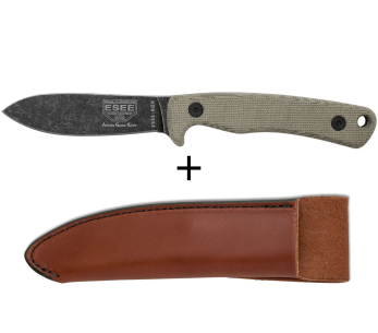 Esee Ashley Game ESEE-AGK mes zwart carbonstaal lemmet 9,1cm grijs micarta handvat + leren schede