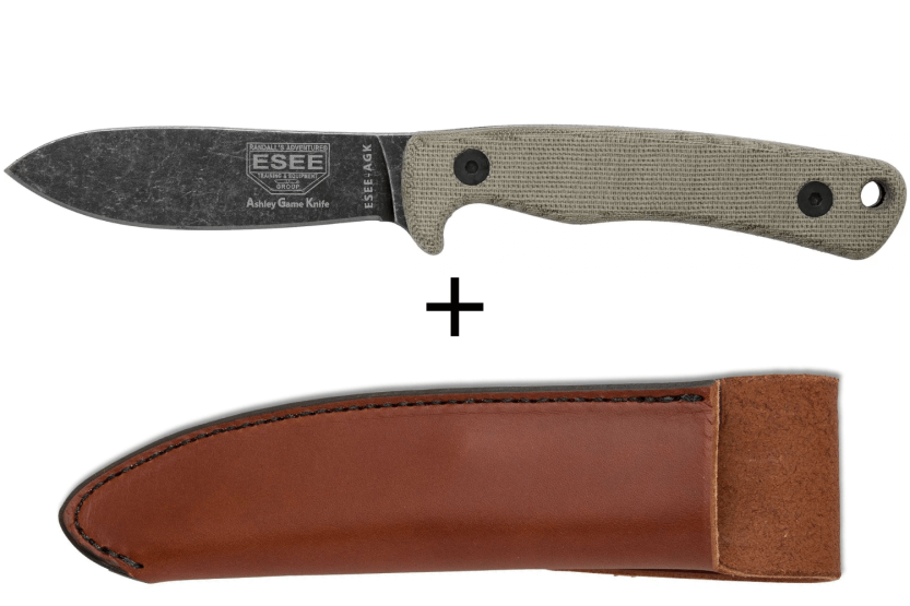 Messer Esee Ashley Game ESEE-AGK Klinge Kohlenstoffstahl schwarz 9,1cm Griff Micarta grau + Lederetui