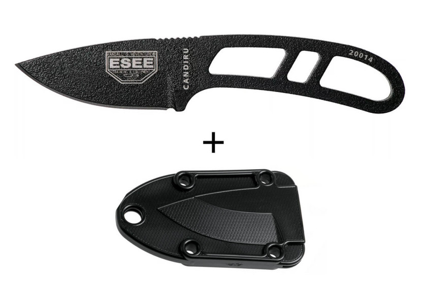 Esee Candiru CAN-BE Halsmesser mit 5,1 cm Karbonstahlklinge und durchbrochenem Stahlgriff + Etui