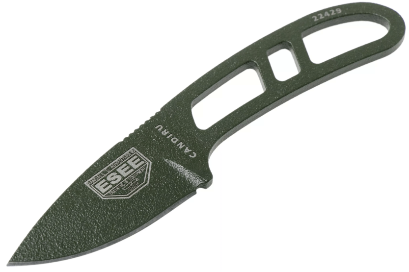 Esee Candiru ECANODE halskniv 5,1 cm klinge i kulstofstål grønt stålhåndtag + skede i polymer