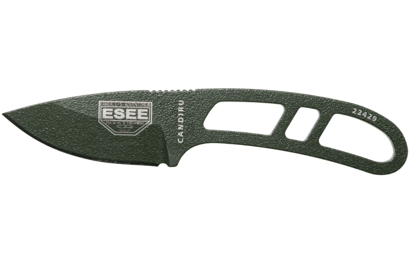 Faca de pescoço Esee Candiru ECANODE Lâmina de aço carbono de 5,1 cm Cabo de aço verde + bainha de polímero