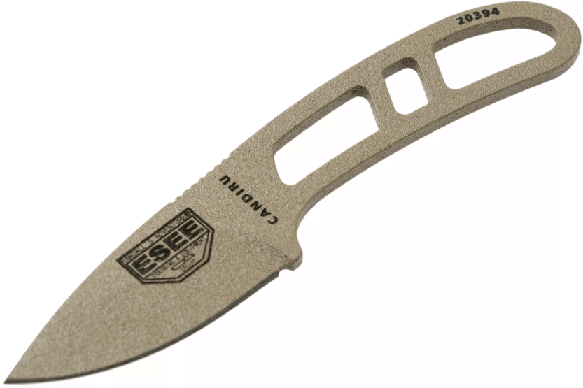 Esee Candiru Dark Earth CAN-DE halskniv 5,1 cm blad i kolstål genombrutet stålhandtag + slida