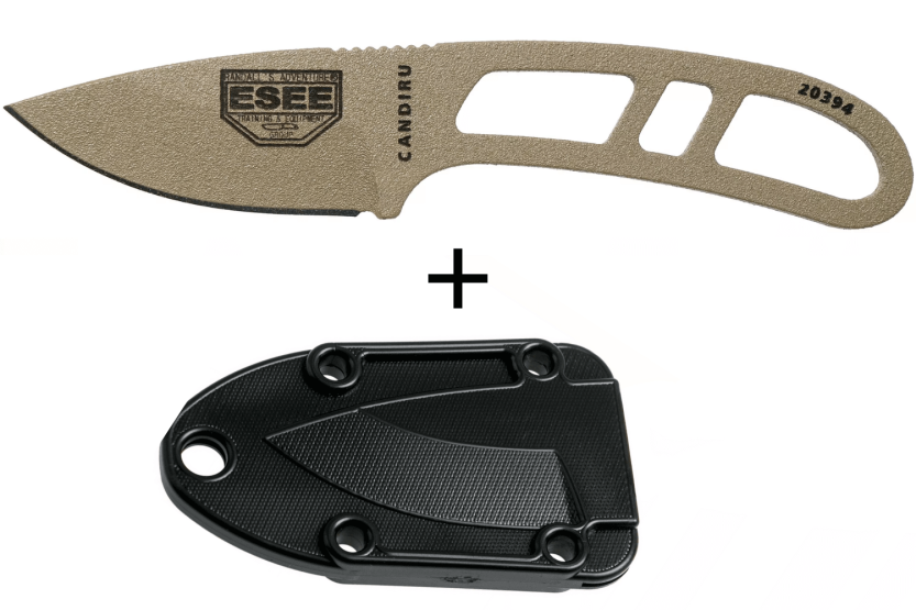 Esee Candiru Dark Earth CAN-DE halskniv 5,1 cm blad i karbonstål gjennombrutt stålhåndtak + slire