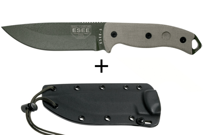 Messer Esee 5 ESEE-5P-OD-E Klinge Kohlenstoffstahl grün 13,7cm Griff Micarta grau + Etui