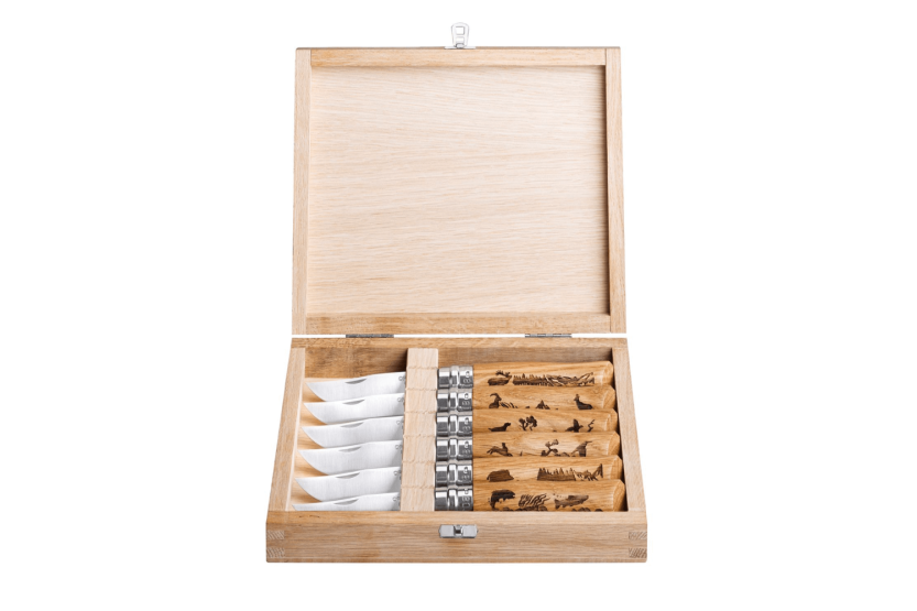 Messerset 6 Messer Opinel Tradition Gravures Animalia n°08 Klinge 8,5cm Griff aus Eiche