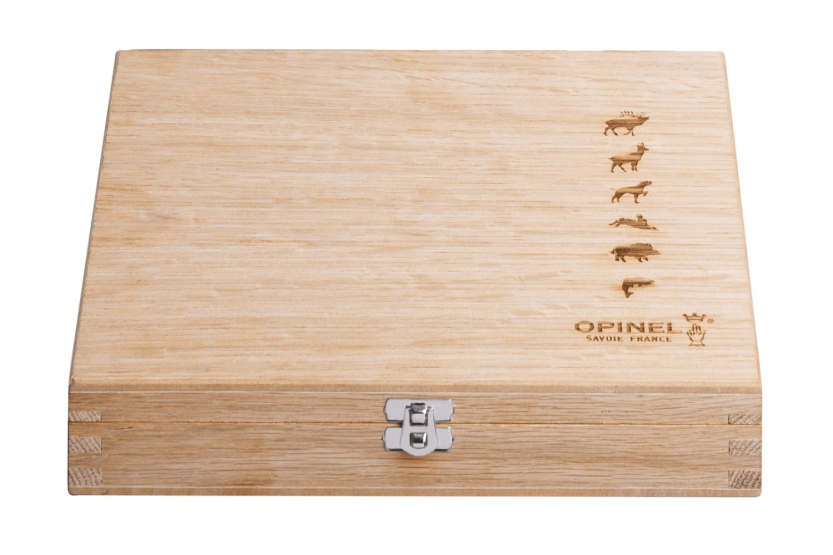 Conjunto de 6 facas Opinel Tradition Animalia Engravings n°08 8,5cm lâmina cabo em carvalho