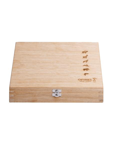 Æske med 6 Opinel Tradition-knive Animalia Engravings n°08 8,5 cm klinge egetræsskæfte