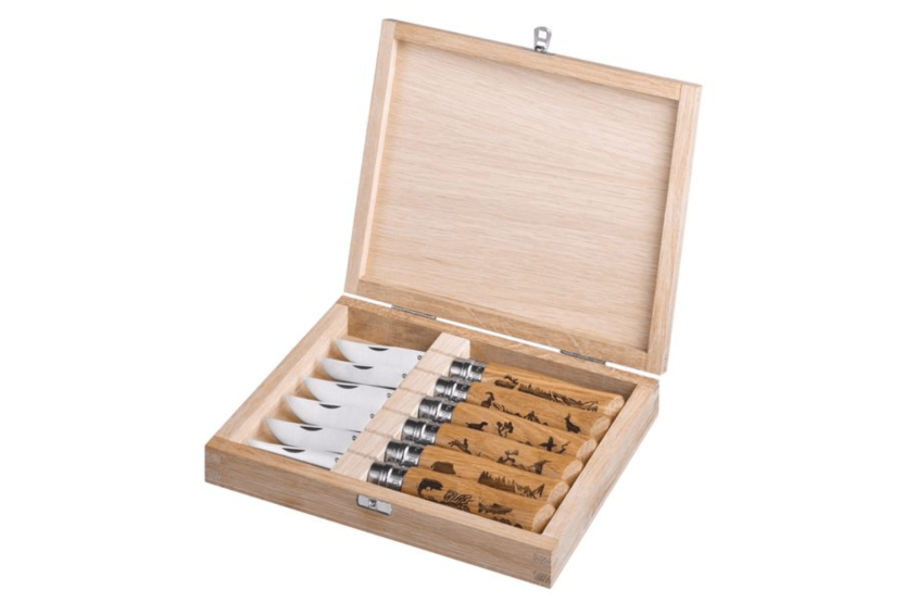 Laatikkosarja 6 Opinel Tradition veitset Animalia kaiverrukset n°08 8,5cm terä tammi kahva