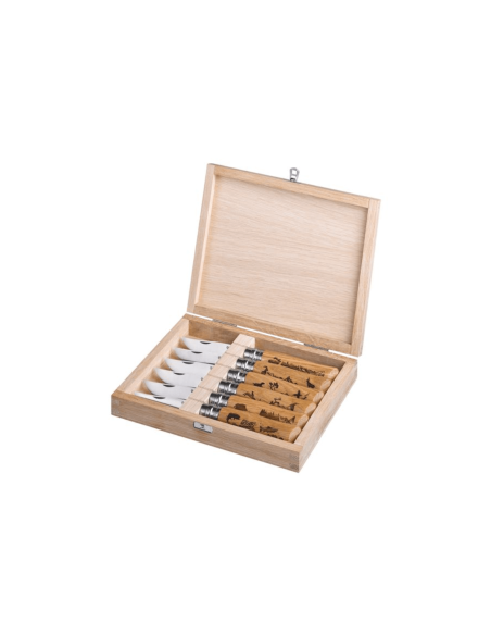 Boxed set 6 Opinel Tradition knives Animalia Engravings n°08 8,5cm blade oak handle