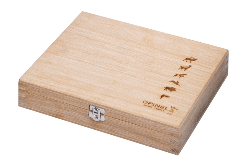 Æske med 6 Opinel Tradition-knive Animalia Engravings n°08 8,5 cm klinge egetræsskæfte