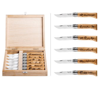 Box set 6 Opinel Tradition knivar Animalia Gravyrer n°08 8,5cm blad ekhandtag