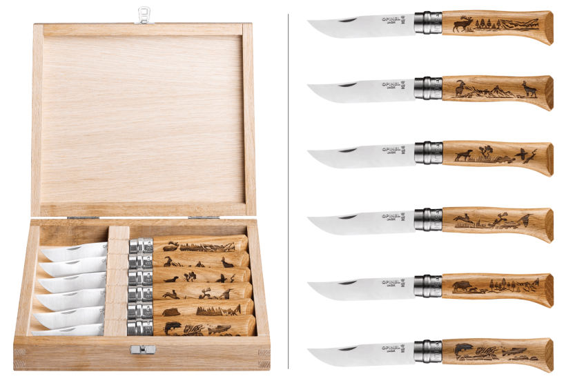Box set 6 Opinel Tradition knivar Animalia Gravyrer n°08 8,5cm blad ekhandtag