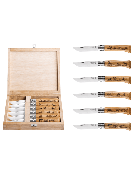 Messerset 6 Messer Opinel Tradition Gravures Animalia n°08 Klinge 8,5cm Griff aus Eiche