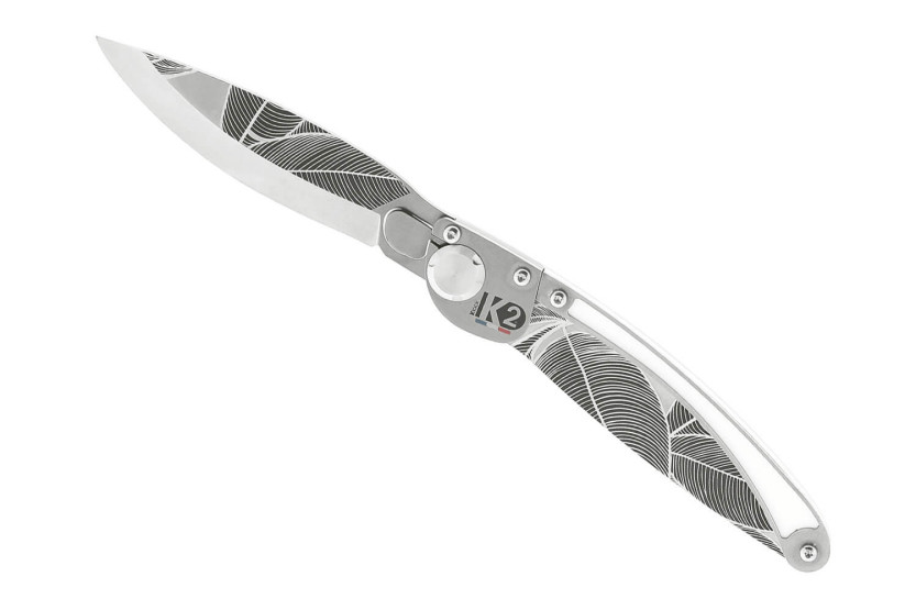 K2 Elegance K2.19M Coltello pieghevole 11,5 cm Manico in acciaio inox Design tropicale + fodero in tela di camoscio