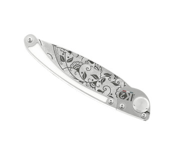 K2 Elegance K2.20M taittoveitsi 11.5cm arabesque ruostumattomasta teräksestä + mokkanahkainen tuppi 2