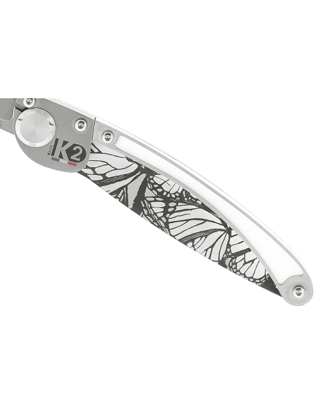Faca dobrável K2 Elegance K2.21M Cabo em aço inoxidável com design borboleta de 11,5 cm + bainha em camurça