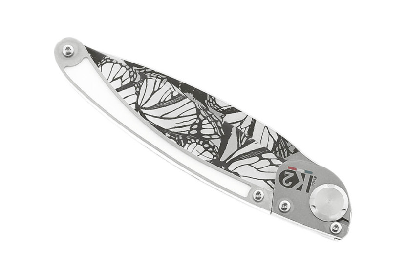 Faca dobrável K2 Elegance K2.21M Cabo em aço inoxidável com design borboleta de 11,5 cm + bainha em camurça